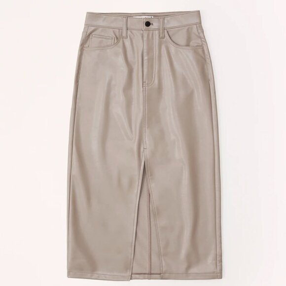 BNWT Abercrombie Vegan Leather Midi Skirt with front slit, taupe - Picture 5 of 5